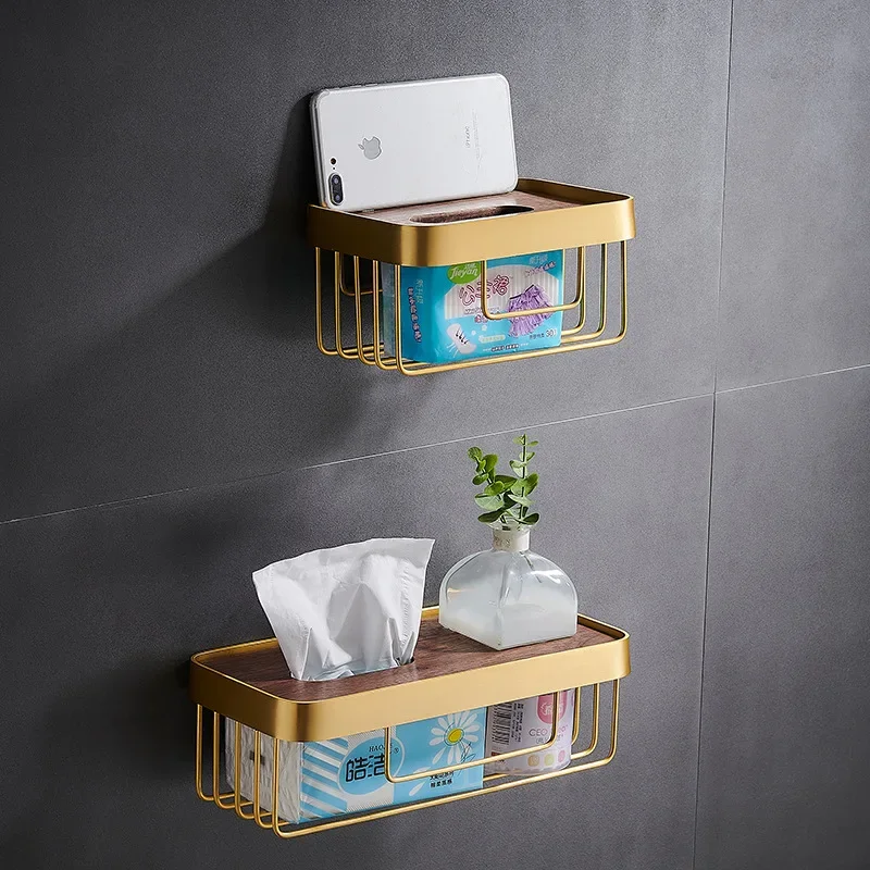 

Brushed Gold Aluminum Bathroom Paper Towel Holder Wall-mounted Storage Rack Walnut Toilet Paper Holders Shower Storage Shelf