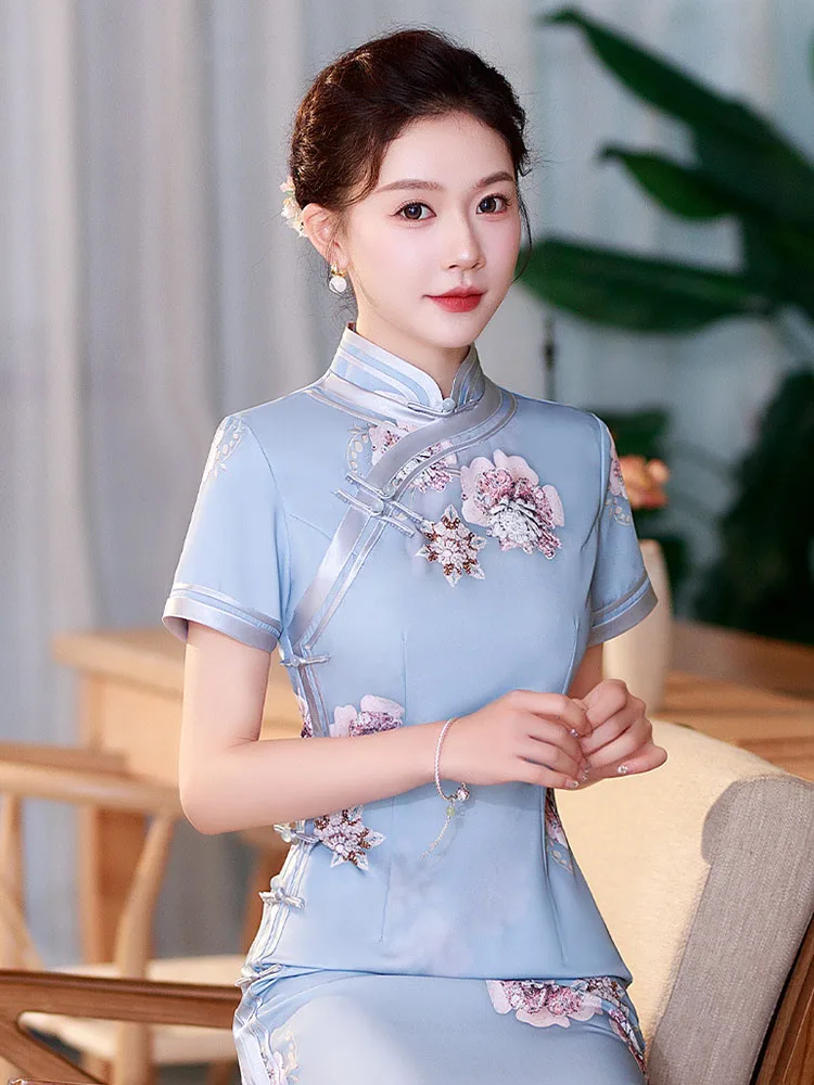 

Elegant Summer Slim Silk Long Cheongsam Performance Catwalk Banquet Traditional Chinese Clothing Evening Dress Qipao for Women