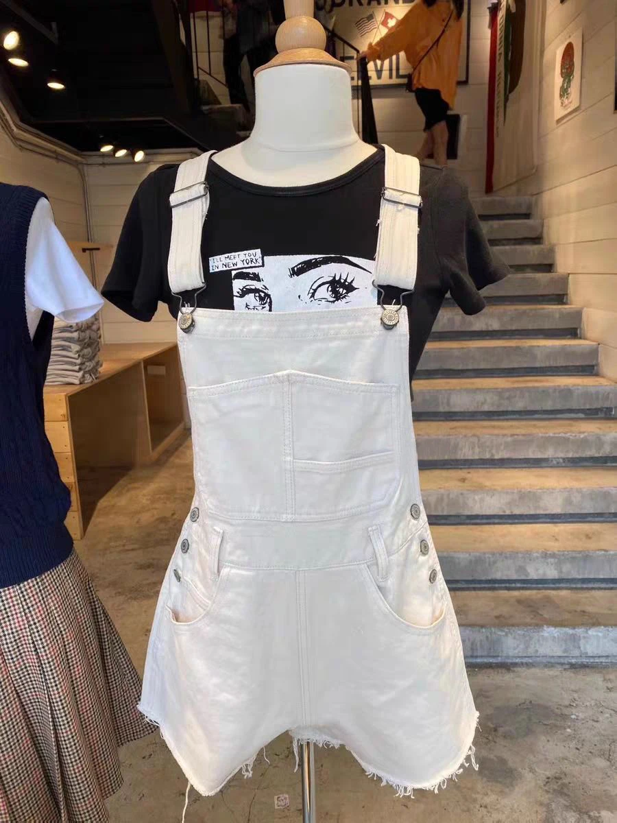 Tasche vintage Salopette di jeans Donna Bottoni estivi in cotone Jeans dritti larghi Pantaloncini blu scuro stile dolce preppy femminile 2025 Nuovo