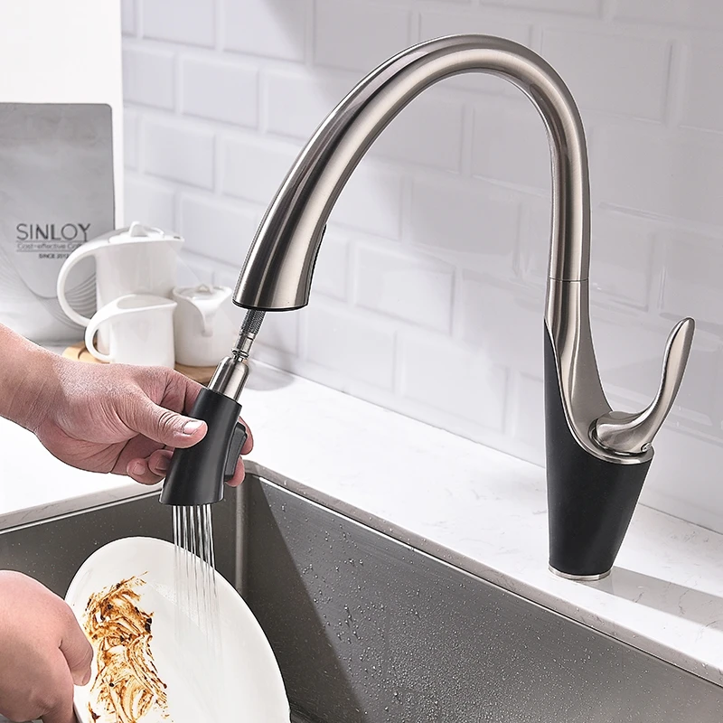 Brushed Kitchen Faucets Brass Pull Out Kitchen Faucet Black Hot And Cold Water Mixer Tap Deck Mounted Gourmet Kitchen Faucets