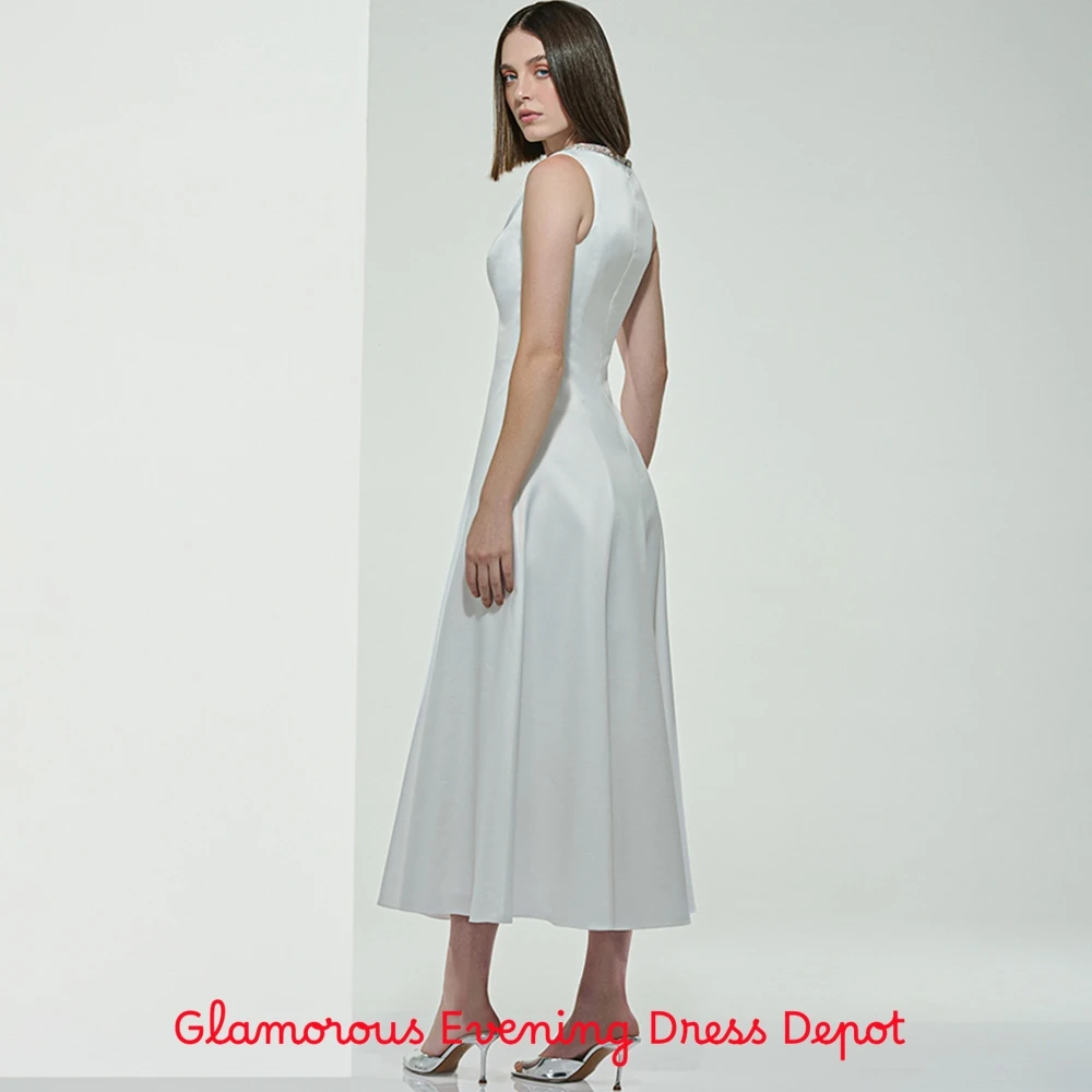 فستان سهرة رشيق من الساتان، فساتين مناسبة خاصة كريستالية رائعة، فساتين كلاسيكية بدون أكمام مخصصة لحفلات العودة للوطن