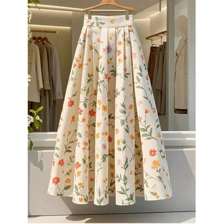 Women's Beige Floral Print Pleated Maxi Skirt High Waist A-line Flowy Skirt French Countryside Romantic Spring Casual Outfits