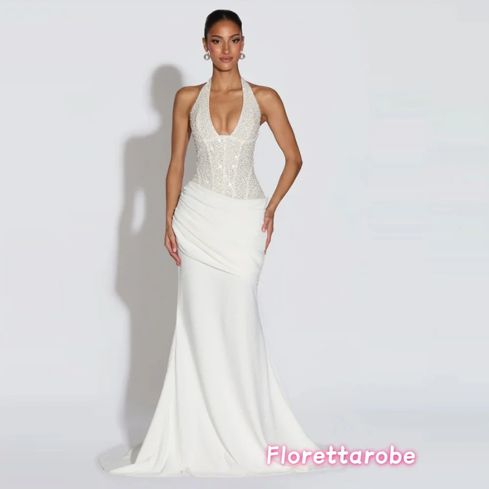 Florettarobe  Sexy Sequin Patchwork Halter White Prom Dress Women Sleeveles Pleated Evening Dresse Party Gowns Customized