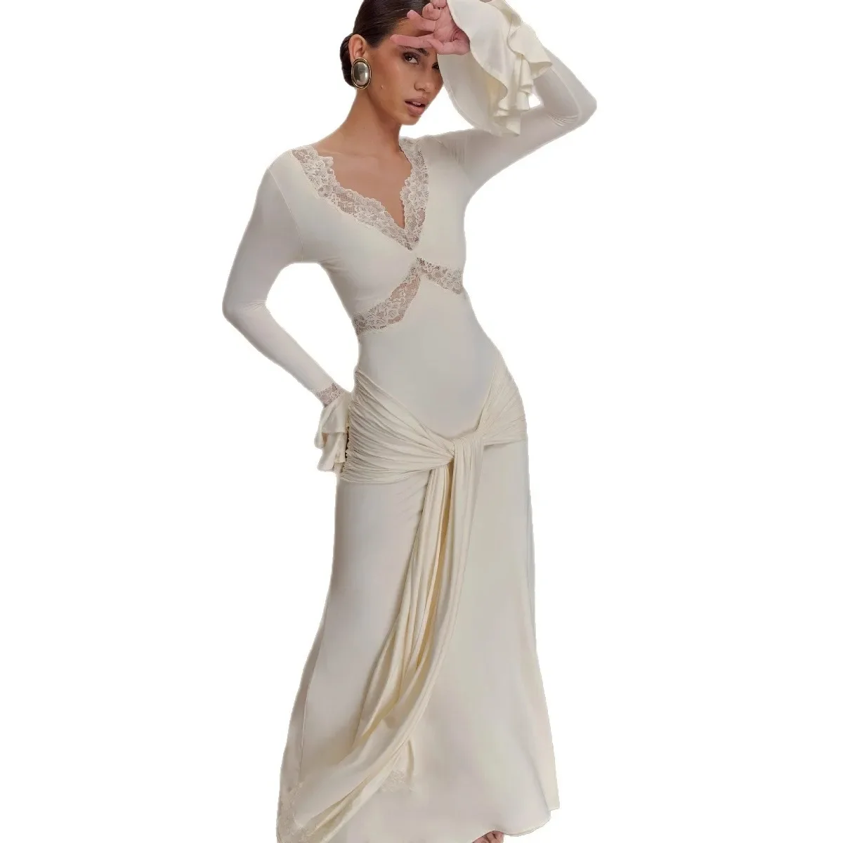 Dresses Women Party Long Dress Lace A Line Backless V Neck Flare Sleeve Sexy Maxi Gown Autumn 2025 Floor Length Vestidos