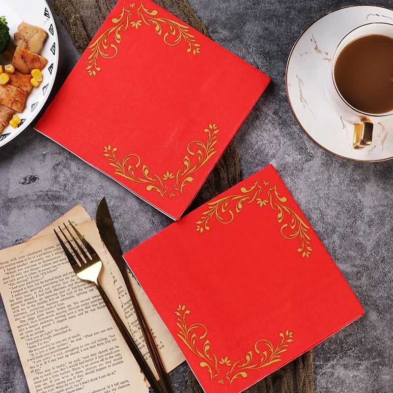 20pcs 33cm 2Layer Chinese Red Napkins Wedding Wine Glass Floral Paper Printed Paper Towels DIY Decoupage Paper