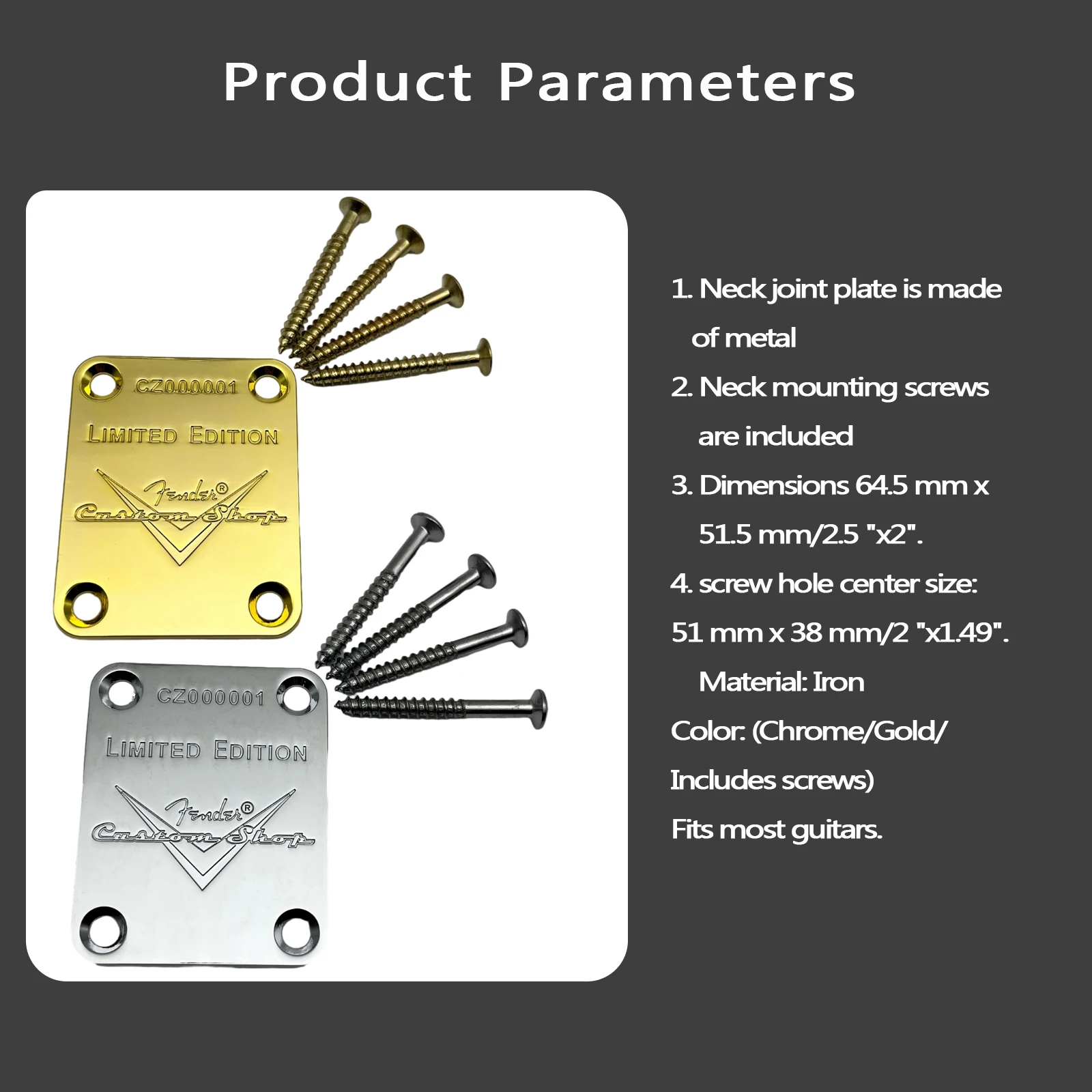 

Limited Edition Electric Guitar Neck Plate 4 Hole Reinforcement Plate for St TL Guite (Chrome/Gold Plated w/Screws)