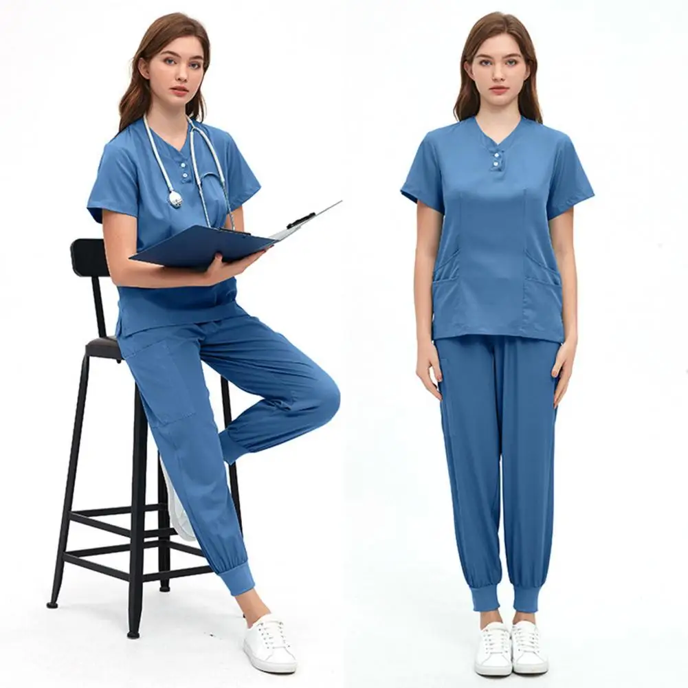 Women Scrubs Set Hospital Scrubs Set with V-neck Tops Elastic Waist Pants