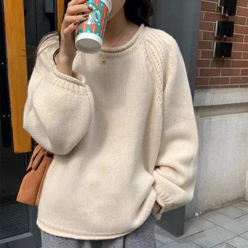 Korean Knitted Pullover Women Sweater O-neck Jumper Long Sleeve Autumn Winter Coat Loose Knit Jumper Crop Tops Short Sweaters