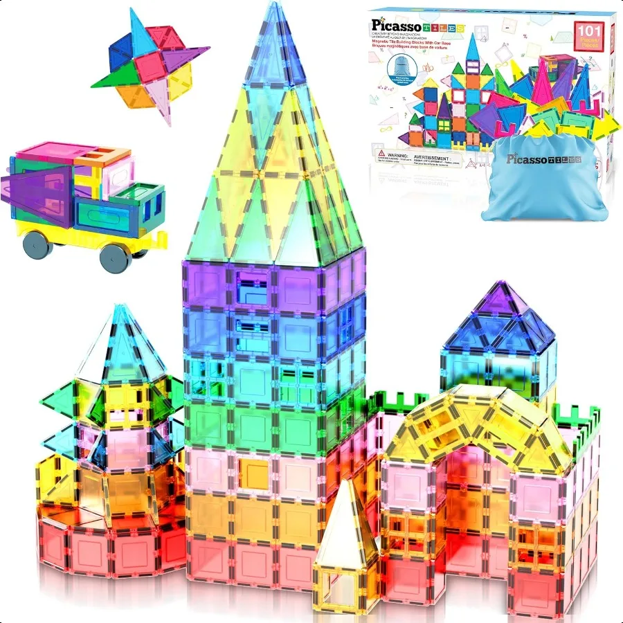 

101 PCs Magnetic Tiles Building Blocks with Car Drawstring Carry Bag Toy Storage Magnet Block for Toddlers STEM Toy Set Educati