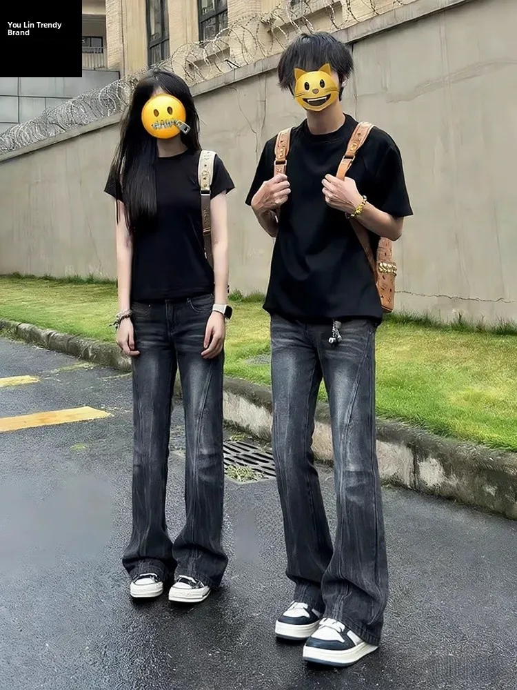 

Черные джинсы с узором «Молния», скошенным кроем и расклешенными штанинами, мужские, в американском стиле, для уличной моды, весенние, прямые брюки-клеш