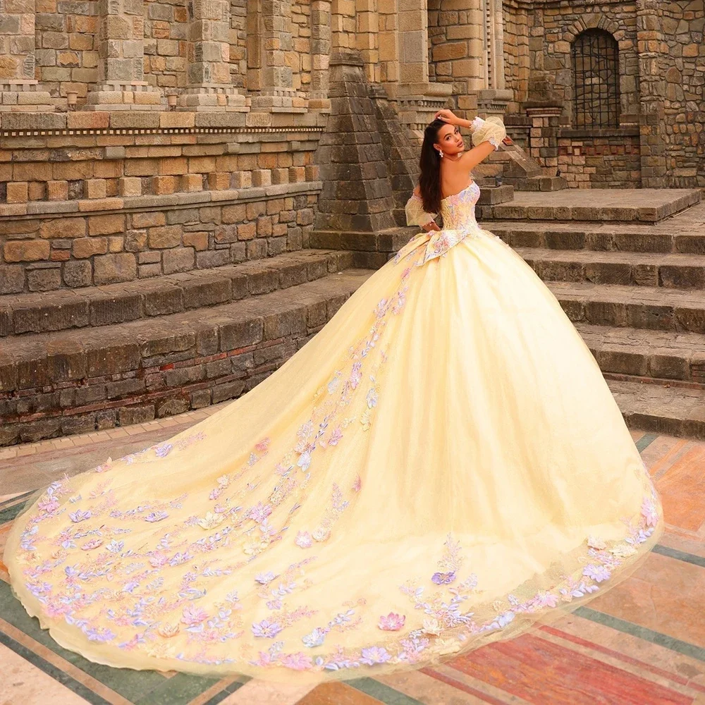 فساتين Quinceanera للأميرة الصفراء المخصصة 2025 بأكمام قابلة للانفصال زهرة حلوة 16 فستان Vestidos De 15 Anos Quinceañera