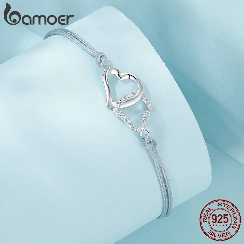 Bamoer Genuine 925 Sterling Silve Simple Heart to Heart Original Design Bracelet For Women Fine Wedding Birthday Jewelry Gift