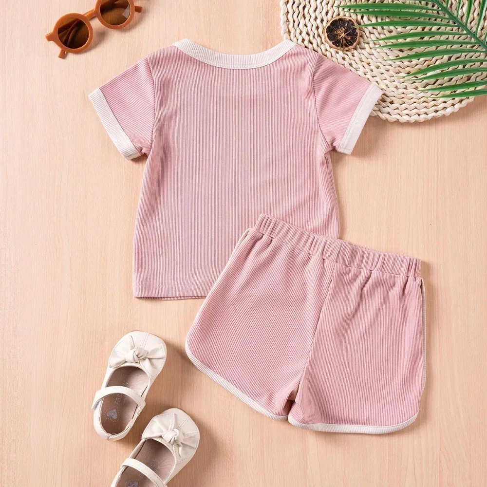 2pcs Summer Short Sleeve Suit Boys Girls Fashion Color Collision Round Neck T-shirt + Casual Short Pants Suit 0-6Y