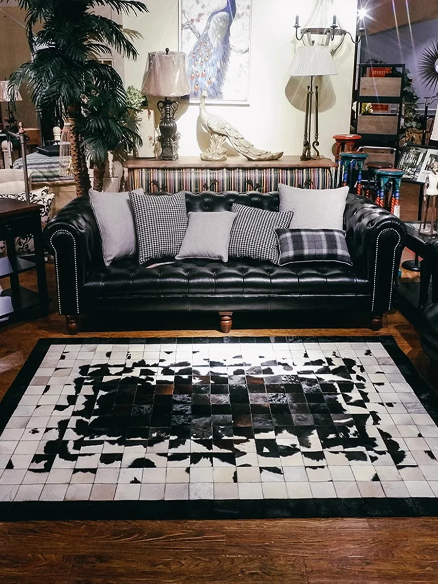 Black White Real Cowhide Carpet Handmade Patchwork Living Room Area Rug Customize Genuine Cow Leather Bedroom Carpet Luxury Home