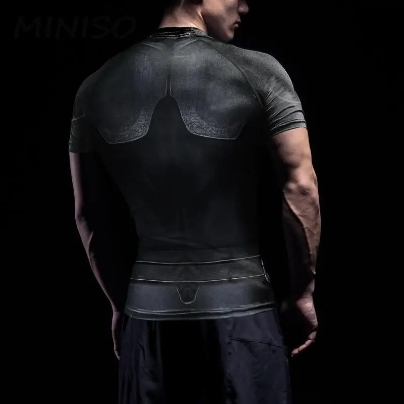 MINISO Superhero Cosplay T-Shirt for Men Halloween Costume Quick Dry Compression Workout Tops Fitness Sports Tee Novelty Clothes