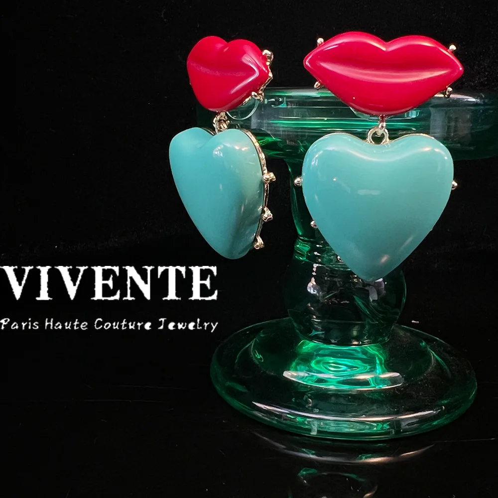 

European and American Fashion Vintage Heart Pendant Sexy Lips Luxury Elegant Harbor Style Earrings Women's Jewelry