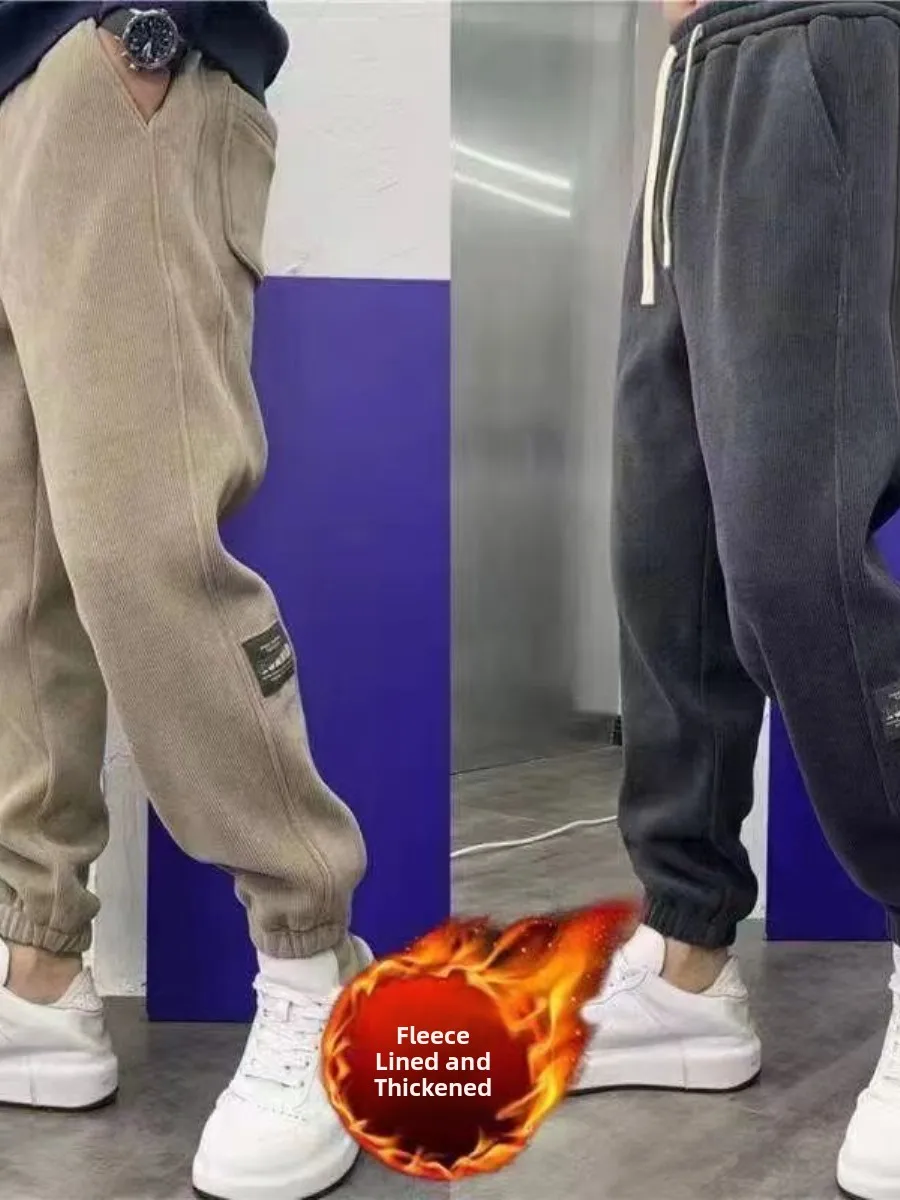 

Мужские модные универсальные брюки на флисовой подкладке, облегающие, повседневные, осенне-зимние, трендовые, в стиле Харадзюку, для прогулок