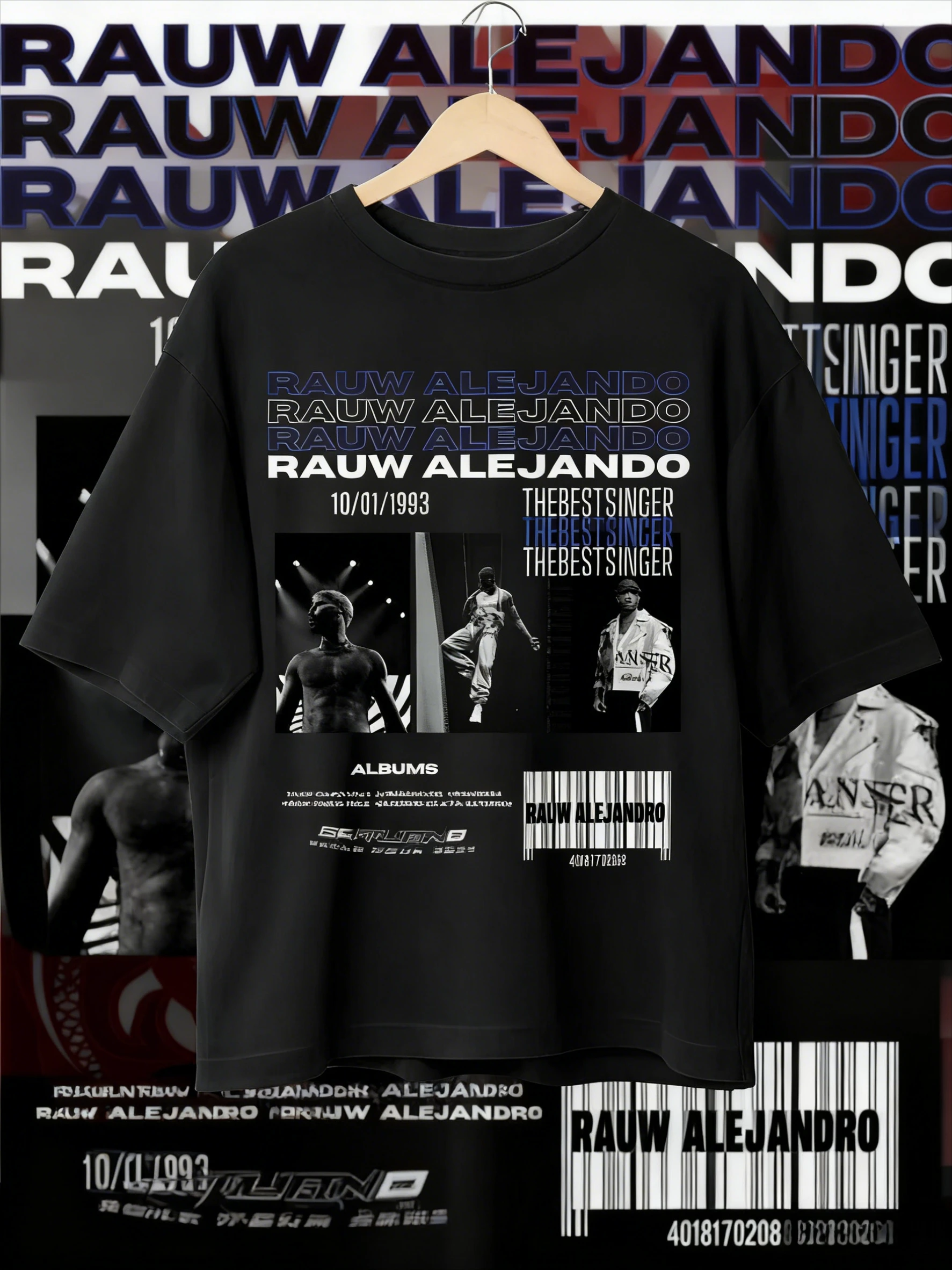 

2025 Summer Rauw Alejandro T-shirt Collage Design Retro Music T-shirt Men's Hip Hop Cotton Short Sleeve Casual Loose Top