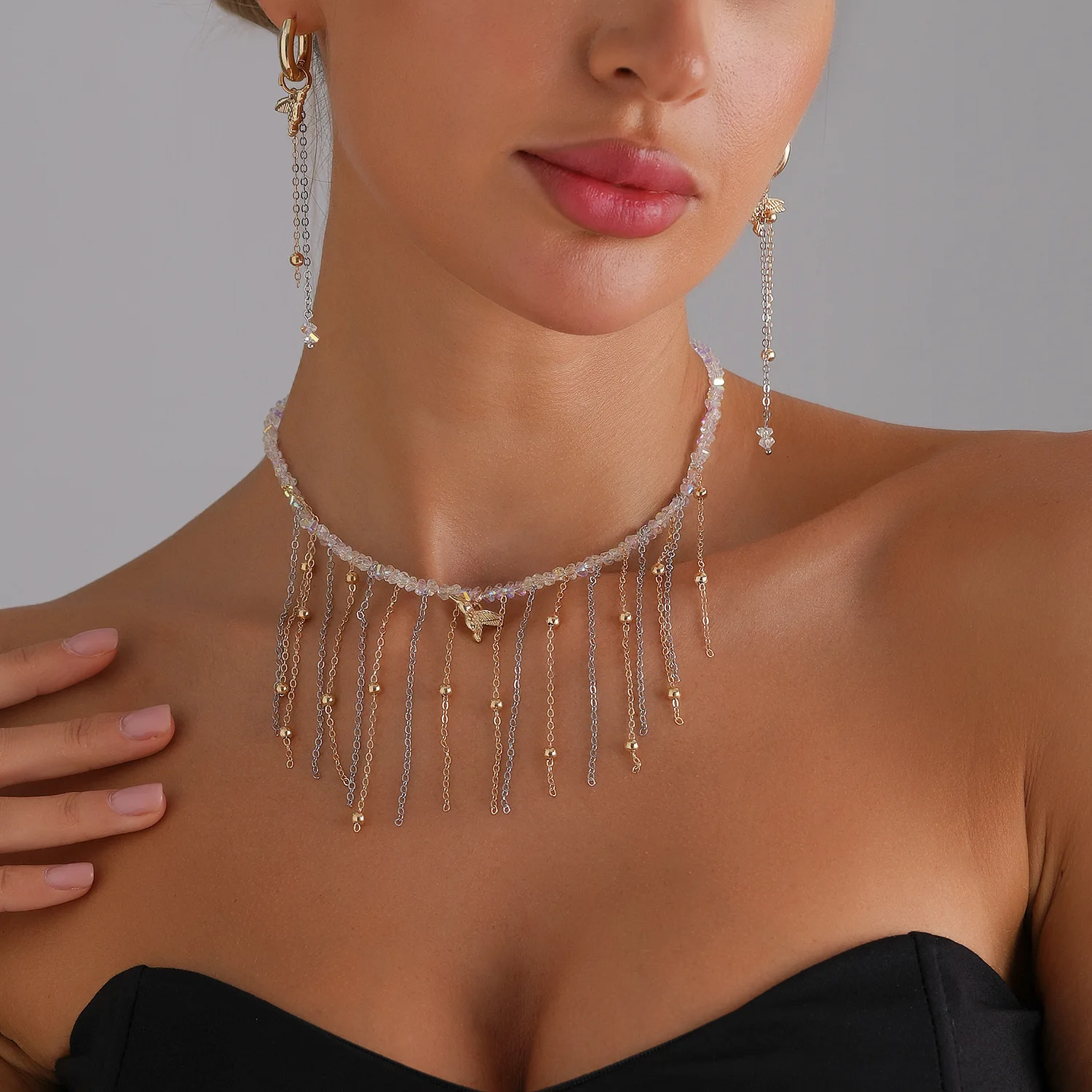 Personalized, creative, fashionable, crystal gold and silver splicing, trendy, bird collarbone chain, niche, versatile necklace