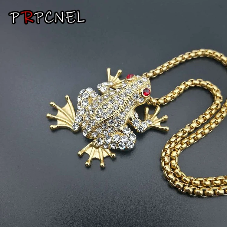 New Men\'s Necklace Male Gold Color 316L Stainless Steel Iced Out Bling Frog Pendant & Chains For Men/Women Jewelry
