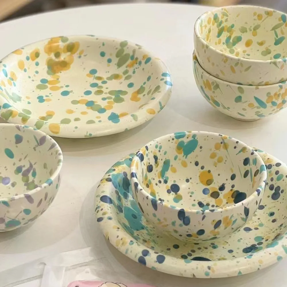 Handmade Splash Ink Enamel Tableware Set Irregular Rim Speckled Paint Bowl Plate Retro Creative Dinnerware Home Kitchen Dishes