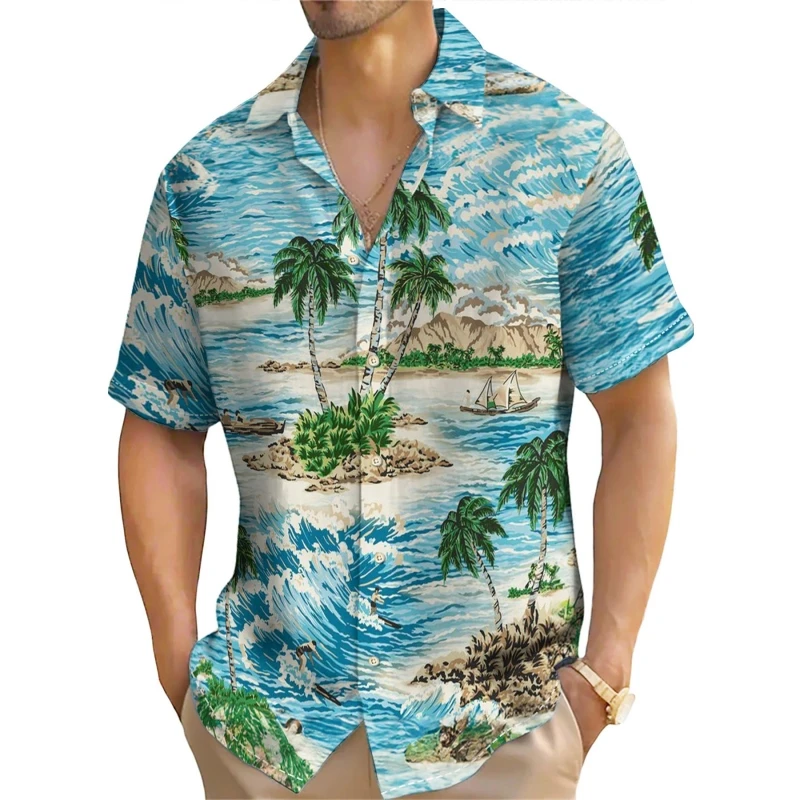 Summer Men's Shirt Coconut Tree Print Short Sleeve Tops Retro Casual Hawaiian Shirts For Men Loose Oversized 2024 New Top