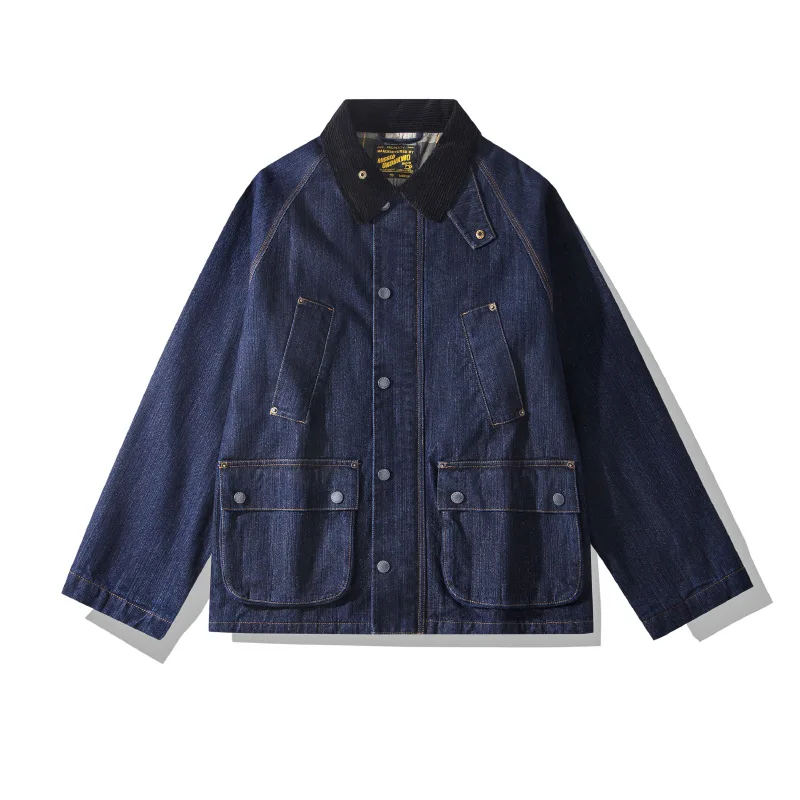 Men Women Unisex Denim Safari Jacket Raw Color Canvas Multi-Pocket Workwear Coat Loose Casual Streetwear