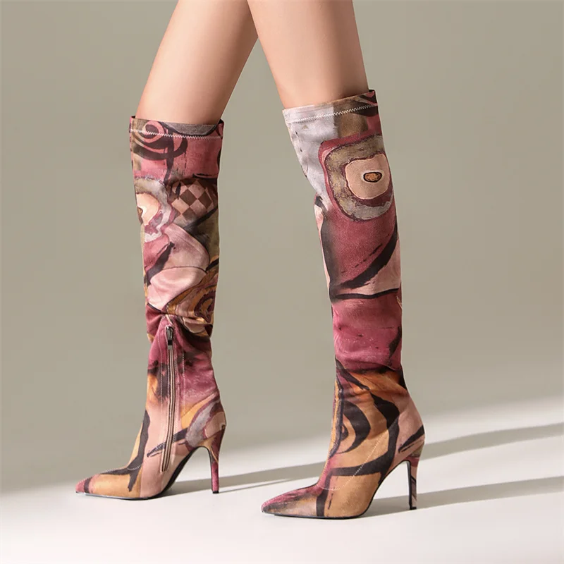 

YMECHIC 2026 Ladies Camouflage Over The Knee Boots Thin Heel Pointy Colorful Print Mixed Colors Thigh High Botas Women Shoes