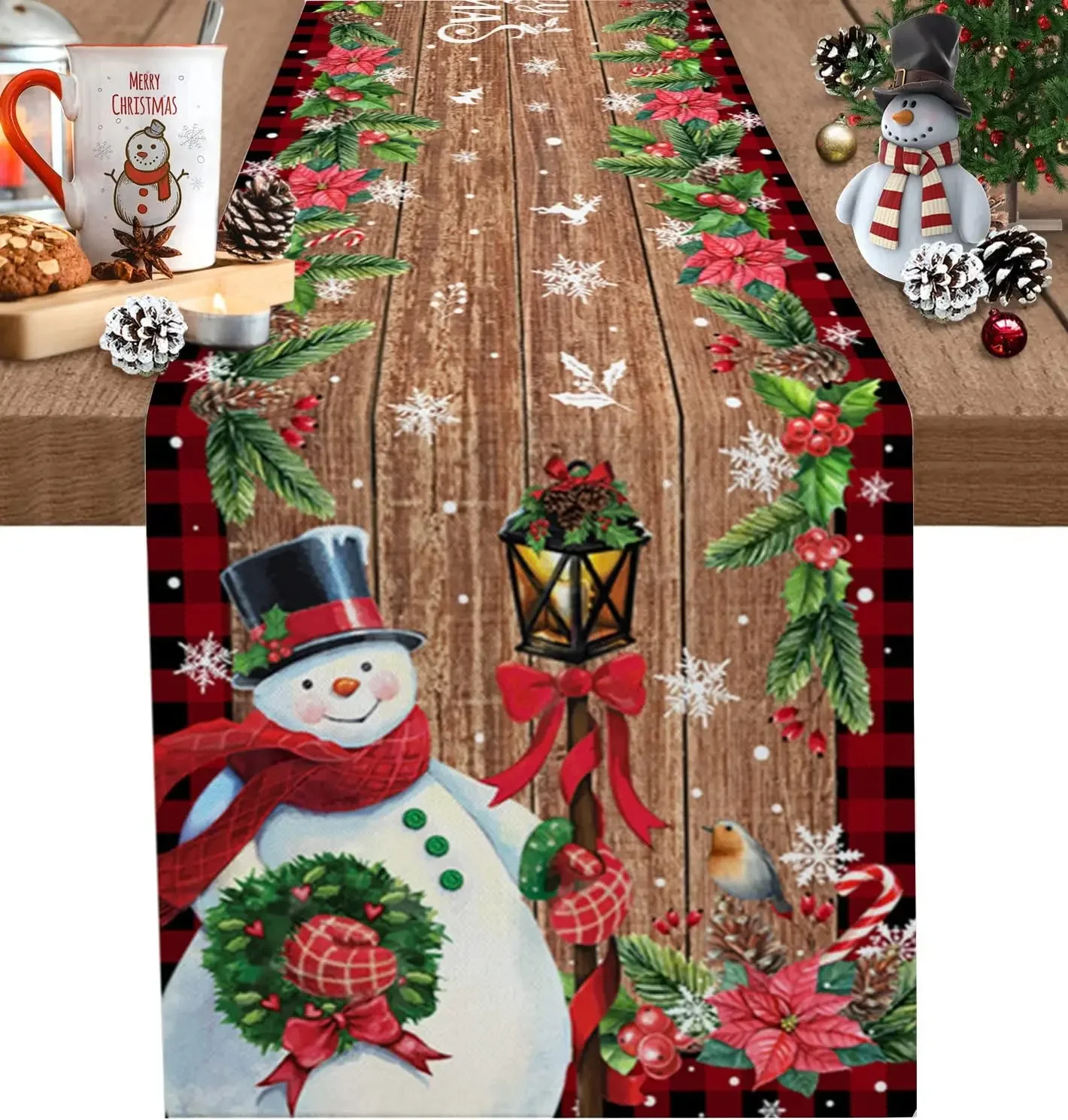 Christmas Snowman Poinsettia Wood Grain Linen Table Runners Party Deocr Winter Xmas Kitchen Table Runners Christmas Decorations