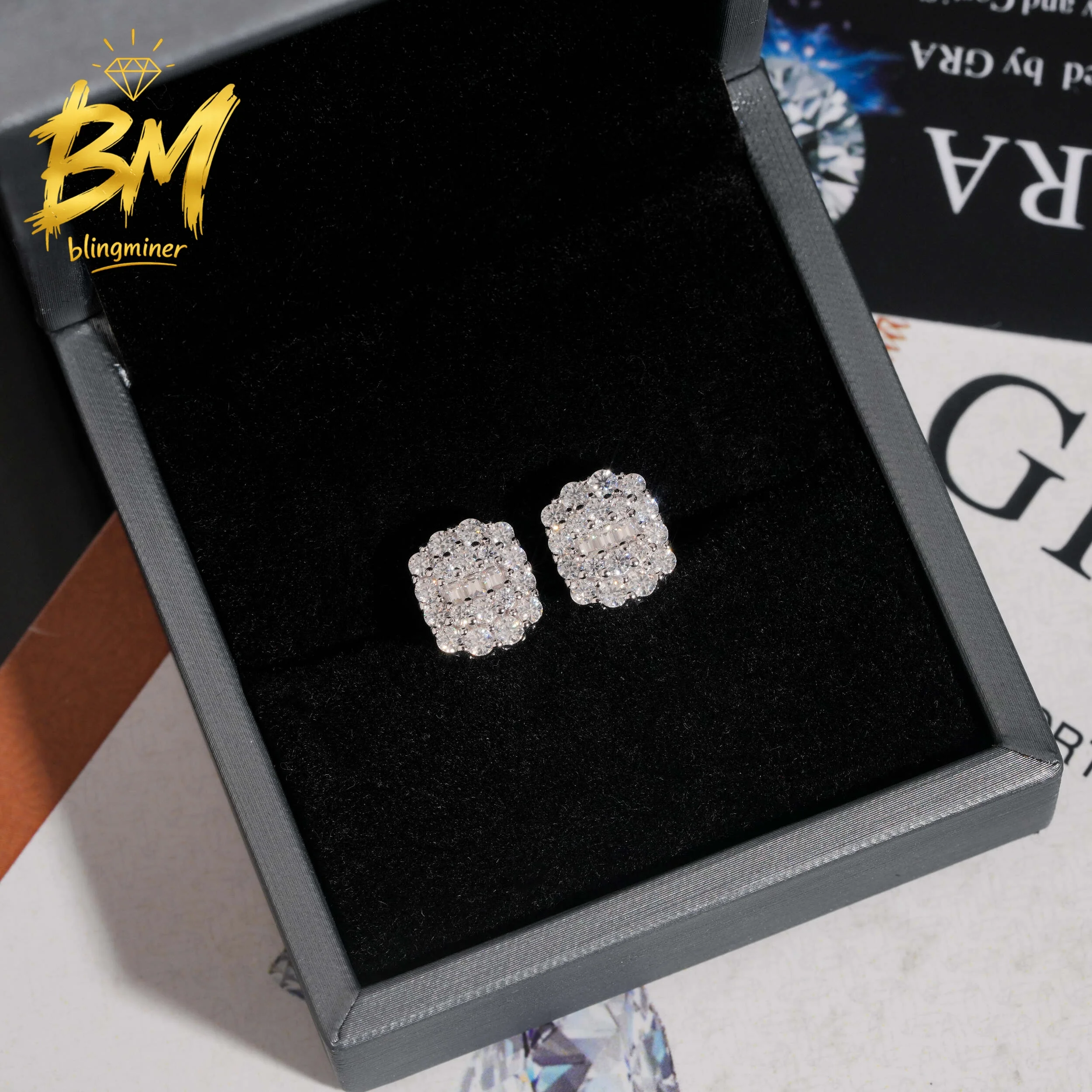 Blingminer 10mm Square VVS Moissanite Earrings For Men Women S925 Silver Ear Studs Jewelry Pass Diamonds Tester GRA Free Shippin