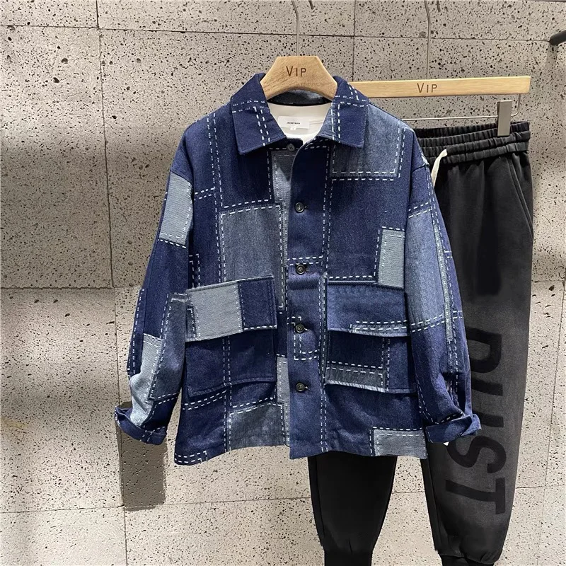 Blue/Black Vintage Washed Denim Fabric Large Plaid Color Matching Denim for Sewing Jackets And Pants Designer Clothing Cloth