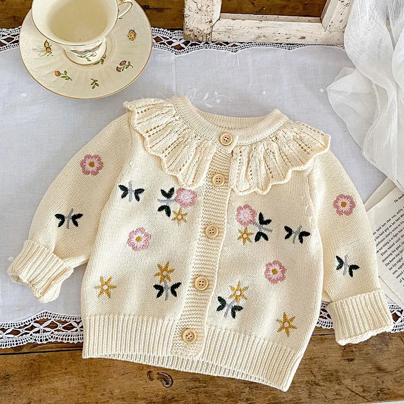 Autumn Cardigan Versatile Girl Baby Childrens Flower Embroidered Lotus Leaf Collar Knitted Pure Cotton Baby Girls Cardigan Coat