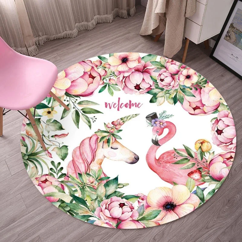 Pink Flamingo Nordic Round Carpet Cartoon Animals Children Game Carpets Chair Mat Round Area Rug for Bedroom Anti-slip Door Mat