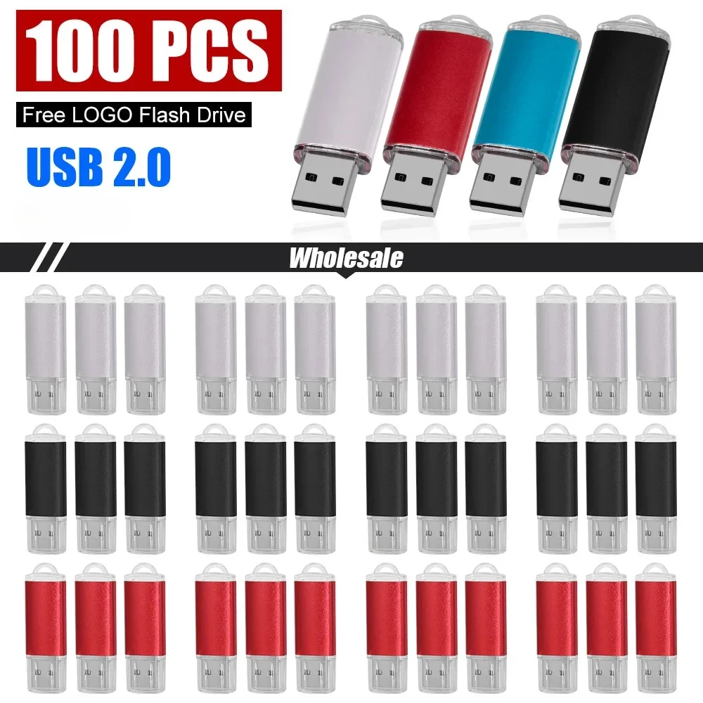 Clé USB en métal avec logo gratuit, clé USB 100, 128 Go, 64 Go, 32 Go, 8 Go, 4 Go, 128 Mo, 512 Mo, 2.0 pièces, lot