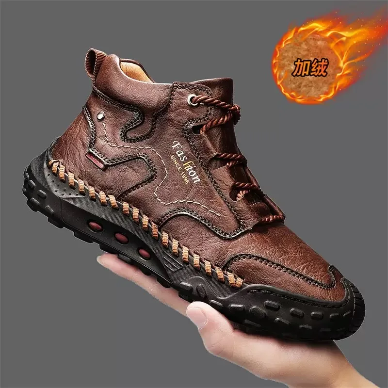 

Размер 48, мужская обувь, роскошные кожаные ботинки ручной работы на платформе для мужчин, мужские уличные походные ботинки, теплые бархатные ботильоны высокого качества