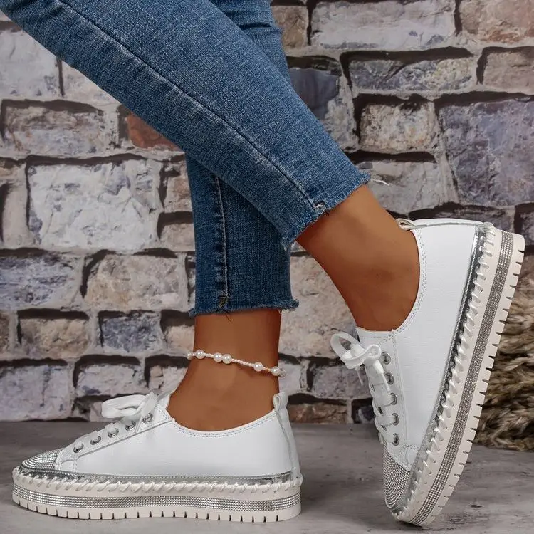 Shoes for Women Sneakers Plus Size 35-44 Crystal Thick Soles Casual Rhinestones PU Walking Flats Thick Bottom Lace Up Shoes