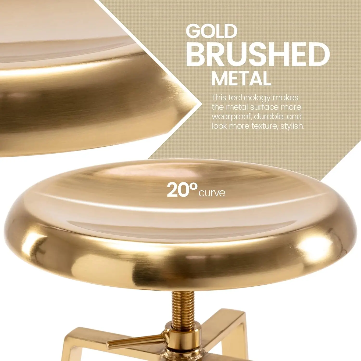 Juego de 2 taburetes de bar industriales Atlas, taburetes de bar ajustables de metal dorado