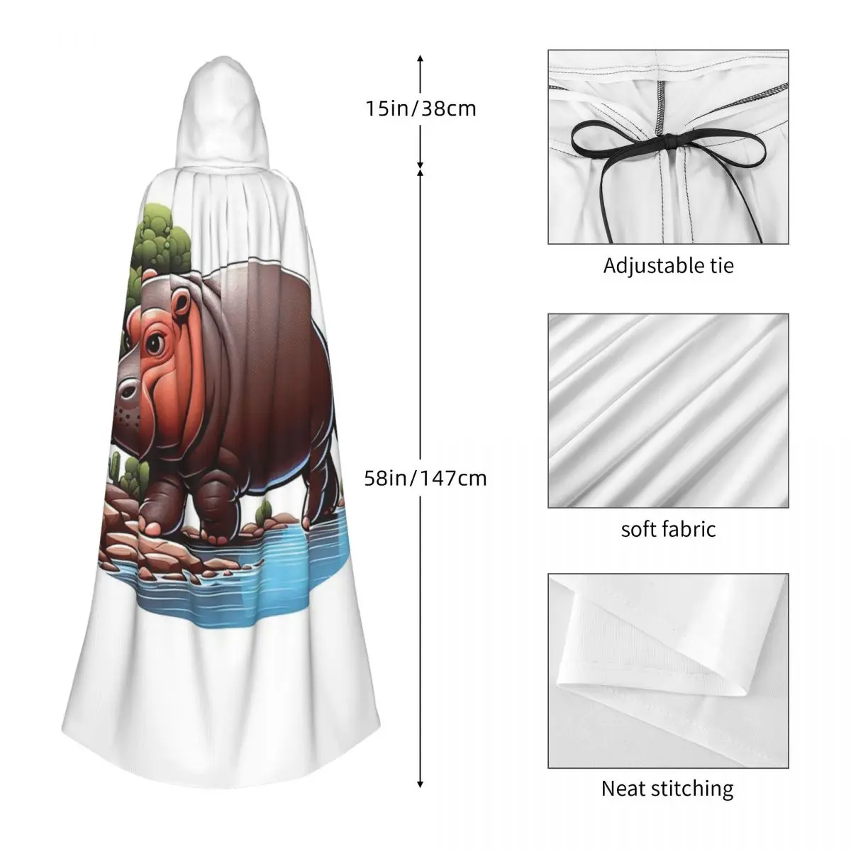 A Pygmy Hippopotamus Strolling By The River Long Hooded Cloak Witch Medieval Costume Cosplay Cape HalloweenCoat Adult Unisex - view 3