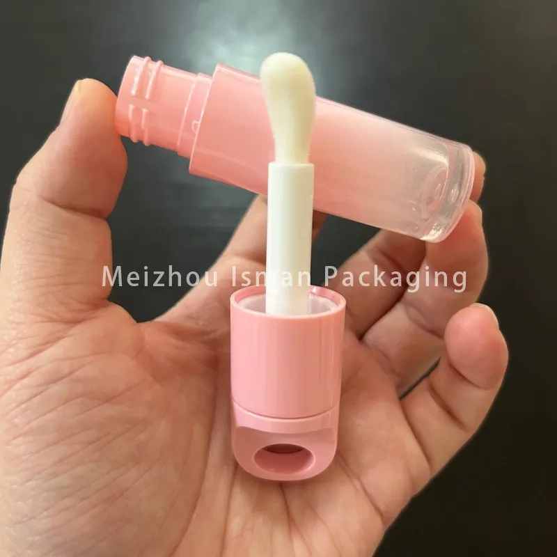 Grosir sikat besar kosong, wadah Lip Gloss warna gradien merah muda dengan kemasan kosmetik tabung Lipgloss dengan kaki besar 7ml 50 buah