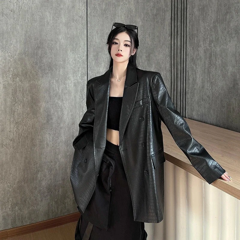Cappotto blazer in pelle PU nera di alta qualità da donna nuova giacca da abito in ecopelle da donna con temperamento allentato coreano primavera autunno