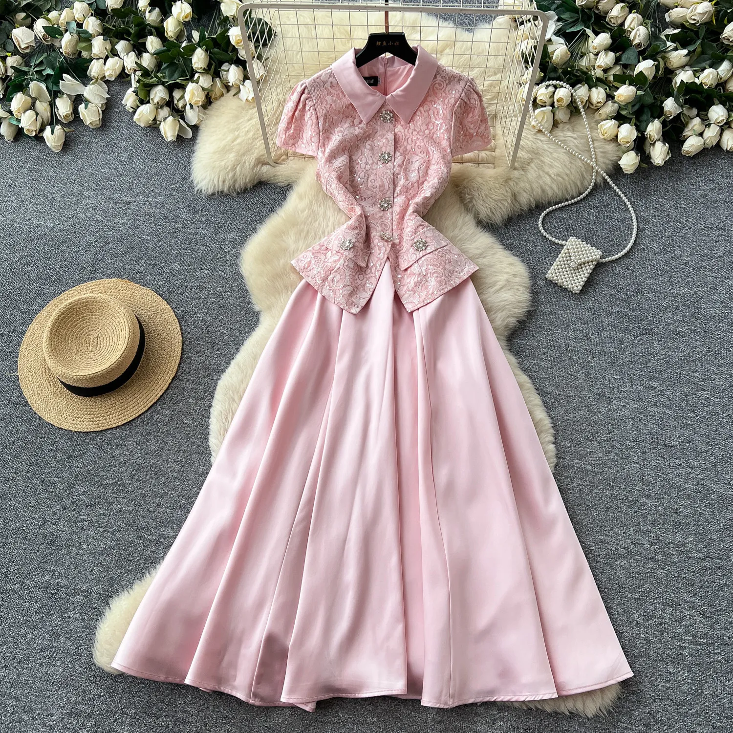 Damen Langes Kleid A-Linie Vestidos Y2k Streetwear Kurzarm Spitze Süß Hohe Taille Elegant Party Nacht Arbeit 2026 Sommer