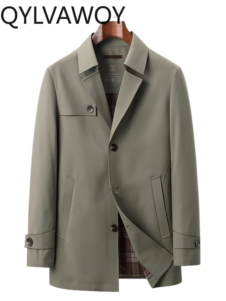 

QYLVAWOY100% Polyester Men's 2025 Spring Autumn New Trench Coat Mid Long Casual Business Suit Collar Outerwear Top LJ2045
