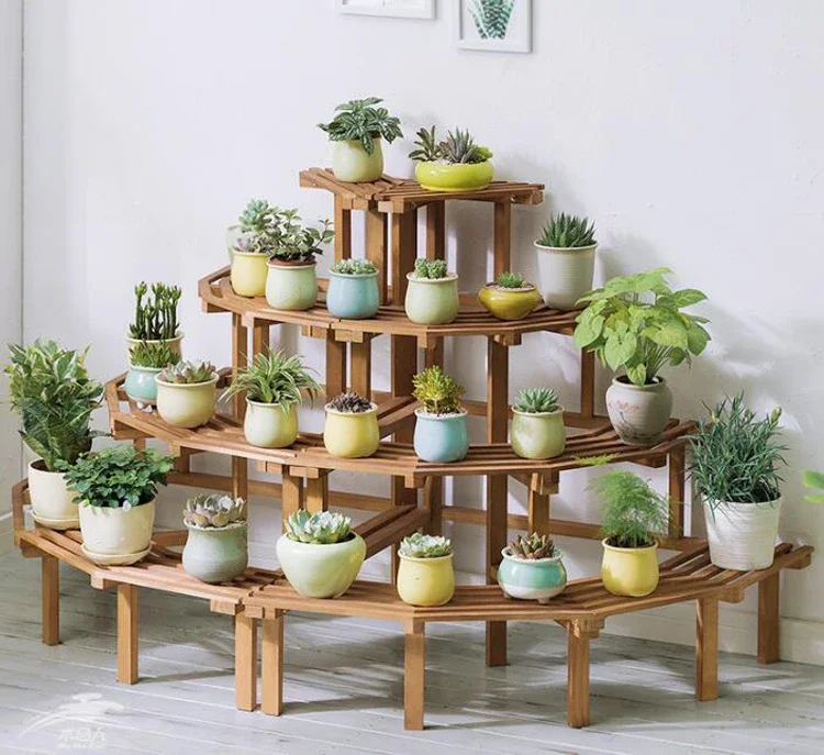 Solid Wood Corner Flower Stand Multi-layer Ladder Type Floor Plant Stand Balcony Wooden Flower Pot Shelf