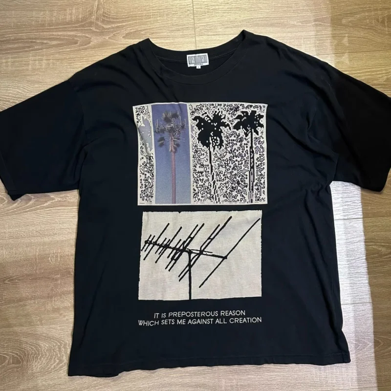 

Graffiti Antenna Street Lamp Coconut Tree Print Black White Couple Tees Summer CAVEMPT T-shirts Cotton CE Short Sleeve Men Women