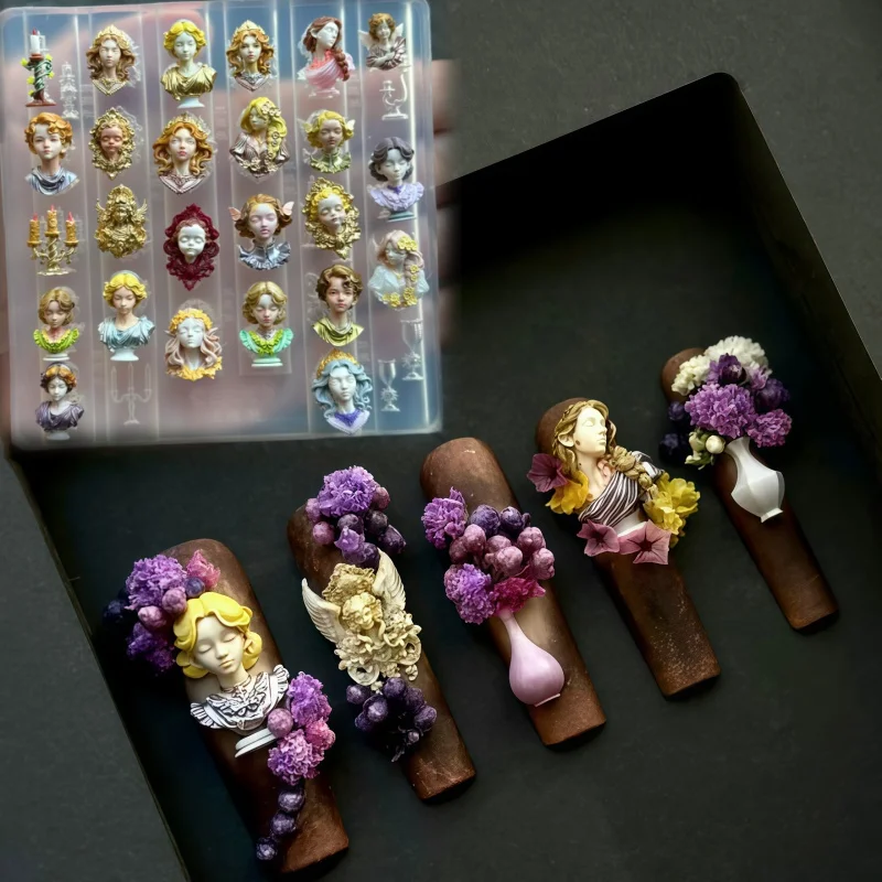 

Holy Maiden Candlestick Horsehead Retro Border Pattern Angel Castle 3D Nail Accessories Transparent Silicone Mold