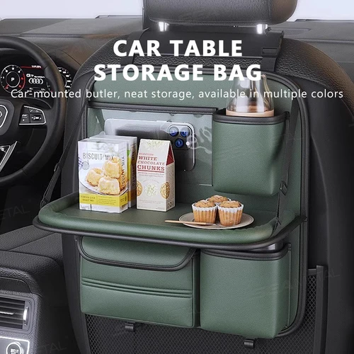 Imagen 2 del producto SEAMETAL-bolsa de almacenamiento para mesa de asiento trasero de coche, cubo de basura para mesa plegable, bolsas de almacenamiento colgantes multifuncionales de cuero Pu, bandeja trasera para asiento