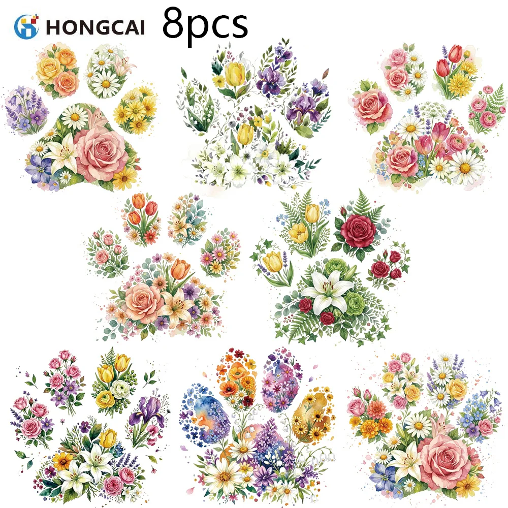 

8Pcs Vibrant Floral Paw Print DTF Transfers, Washable Heat Transfer for Aprons & Shirts, Ready to Press DIY Logo Decor