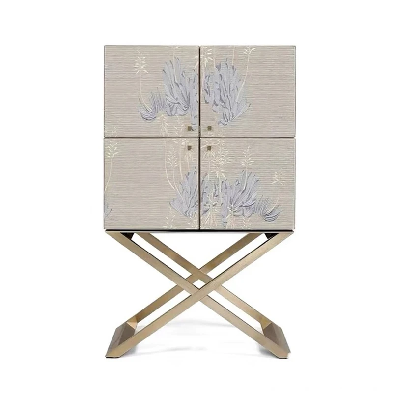 retro embroidered solid wood wine cabinet Modern villa home design sense High-end living room wall storage decorative cabinet