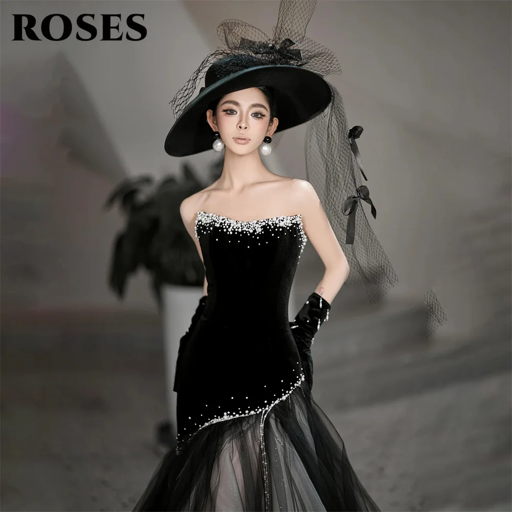ROSES Black Evening Dress with Beaded Formal Gown Patchwork Tulle Train Night Dresses Vintage Hepburn Prom Dresses Customized