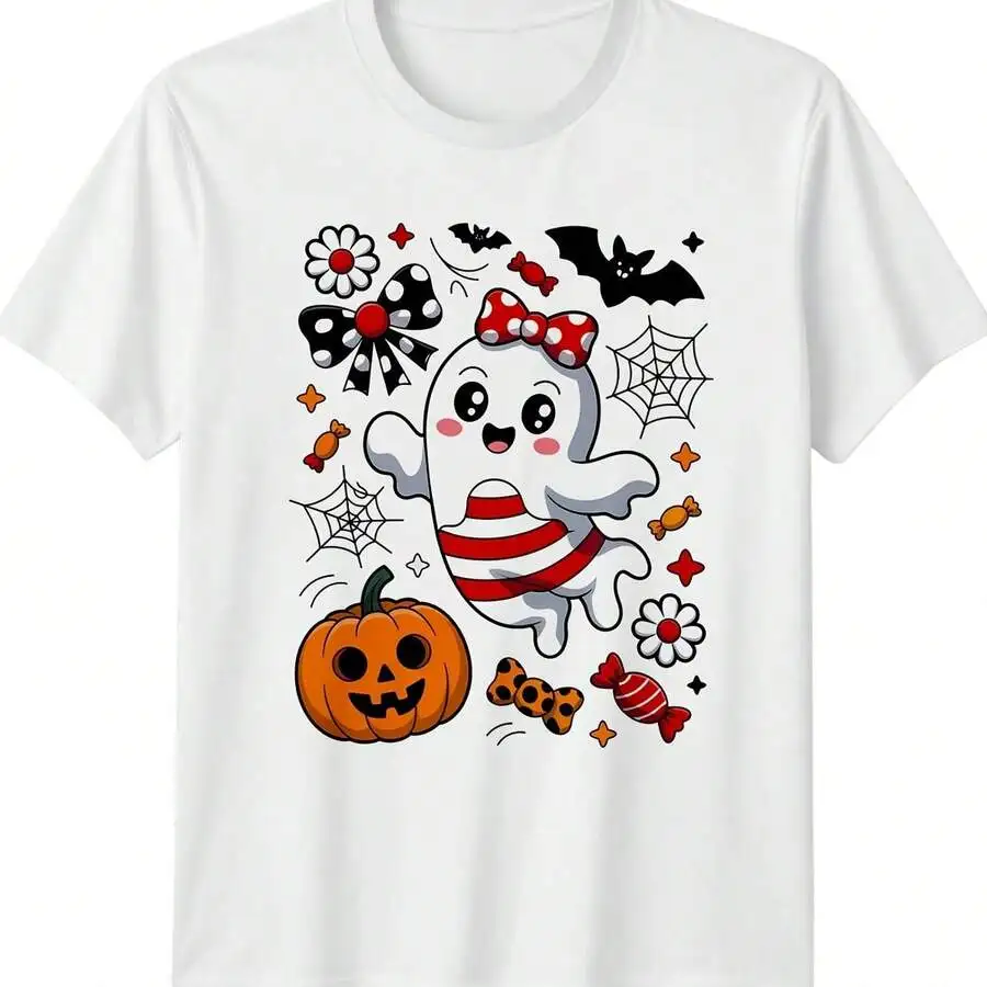 Vintage Retro Aesthetic Unisex Short Sleeve T‑Shirt Cute Kawaii Ghost Pumpkin Bats Spooky Halloween Graphic Tee Casual Gift Tops